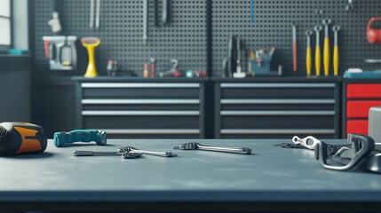 An empty 3D podium with car repair tools such as wrenches and screwdrivers arranged neatly around it, on a clean garage background
