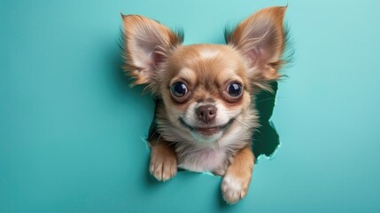Obraz premium Smiling Chihuahua puppy emerges from hole on colorful backdrop Cute dog on vibrant blue background with room for text