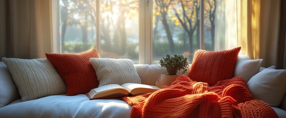 Book And Cushions On Sofa At Home, Cozy And Inviting Space