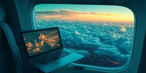 Fototapeta premium The texture of a laptop open on an airplane tray table, with clouds and distant cityscapes visible through the window