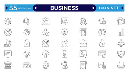 Business line icons set. Businessman outline icons collection. Teamwork, human resources, meeting, partnership, group work, success, resume. Editable stroke outline icon. 