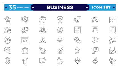 Business line icons set. Businessman outline icons collection. Teamwork, human resources, meeting, partnership, group work, success, resume. Editable stroke outline icon. 