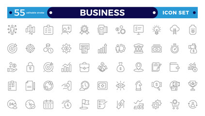 Business line icons set. Businessman outline icons collection. Teamwork, human resources, meeting, partnership, group work, success, resume. Editable stroke outline icon. 