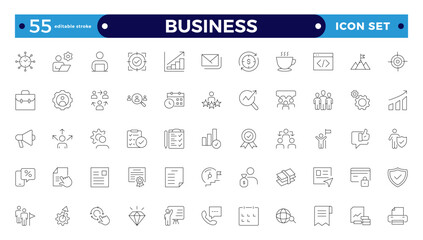 Business line icons set. Businessman outline icons collection. Teamwork, human resources, meeting, partnership, group work, success, resume. Editable stroke outline icon. 