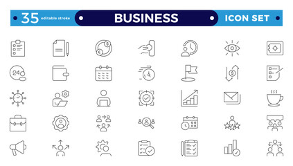 Business line icons set. Businessman outline icons collection. Teamwork, human resources, meeting, partnership, group work, success, resume. Editable stroke outline icon. 