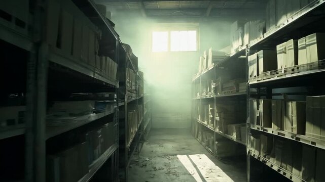 Large warehouse of archival dusty documents. The scent of aged paper and dust fills the air, transporting visitors back to an era when these documents were created.