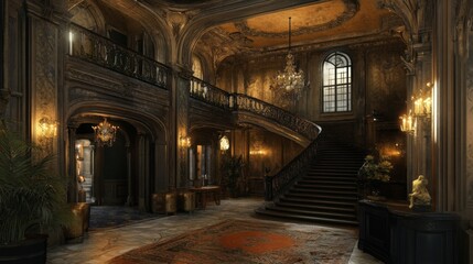 Obraz premium Grand, ornate interior of a mansion with a sweeping staircase, marble floors, and intricate details.