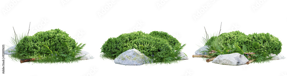 Aufkleber the image displays a beautiful arrangement of lush green bushes surrounded by rocks and logs, creati