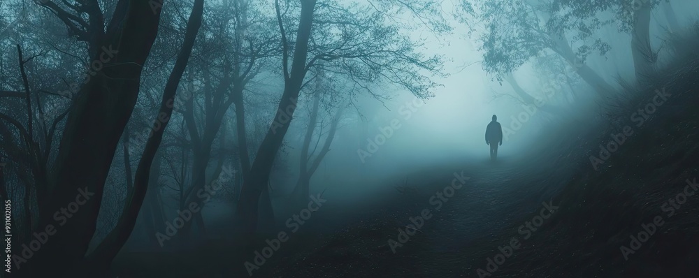 Poster a solitary figure walks through a foggy forest, creating an atmosphere of mystery and intrigue amids