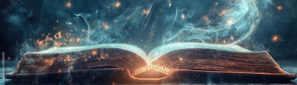 Poster a mystical open book surrounded by enchanting light and magical particles, symbolizing knowledge and