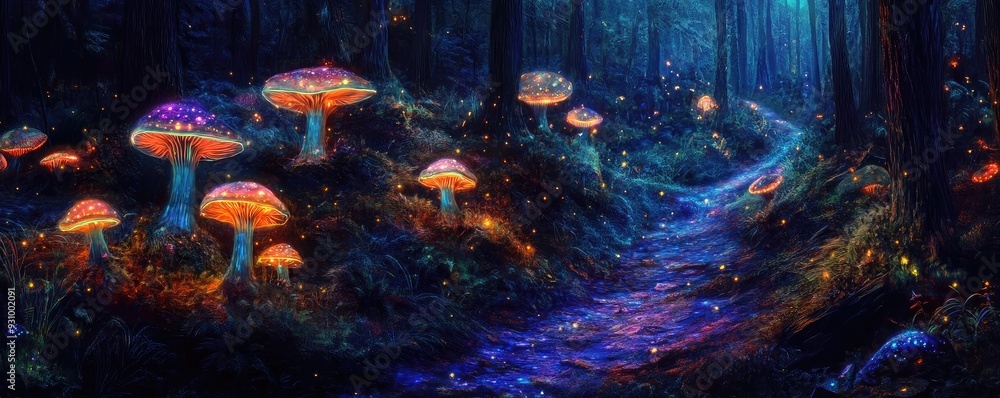 Poster A mystical forest scene illuminated by colorful glowing mushrooms along a winding path, creating an enchanting atmosphere.