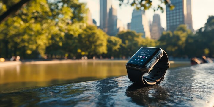 a smartwatch displaying notifications, with a city park in the background providing a serene workspace