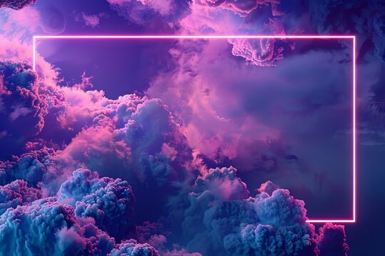 Abstract background of colorful fluffy clouds with a blue and purple rectangle shaped neon frame