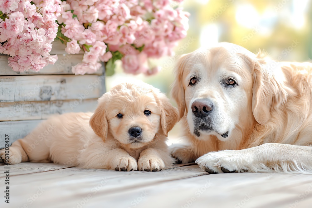 Wall mural adorable golden retriever puppy and adult dog relaxing together near beautiful flowers, capturing th