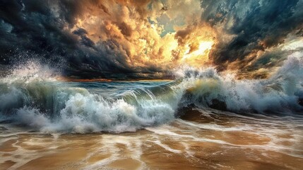 Fototapeta premium Dynamic ocean waves crash against the shore under a dramatic sky filled with vibrant colors and intense cloud formations.