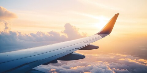 a plane's wing against a sunrise sky, symbolizing the beginning of an international journey