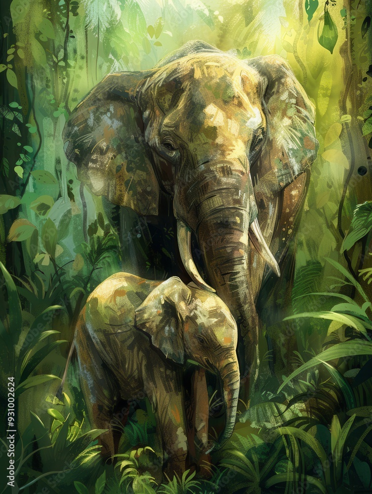 Poster a mother elephant and her calf explore a vibrant jungle, surrounded by dense foliage and warm sunlig