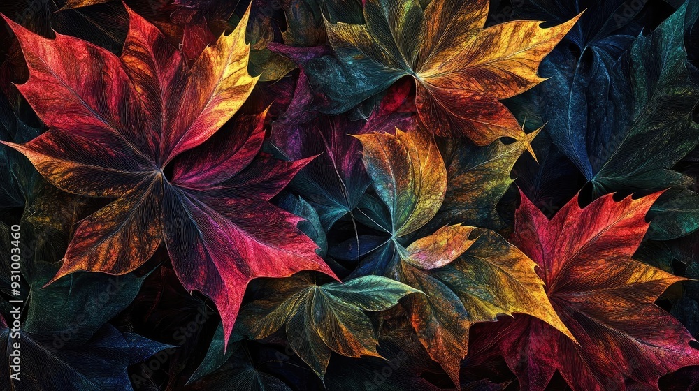 Poster vibrant autumn leaves in rich colors create a stunning natural pattern, perfect for adding warmth an
