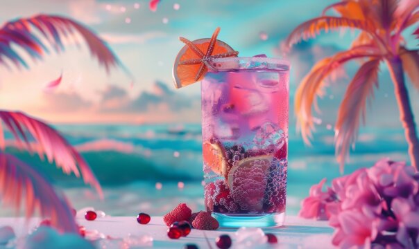 a drink decorated with beach elements on summer, in the style of surrealistic landscape, beeple, dark pink and light azure, layered landscapes, photo taken with provia, tropical landscapes