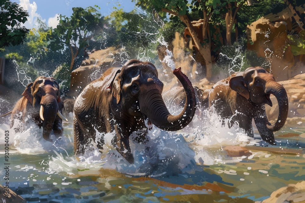 Poster three elephants play in the river, creating splashes as they enjoy the warm afternoon sunlight and r