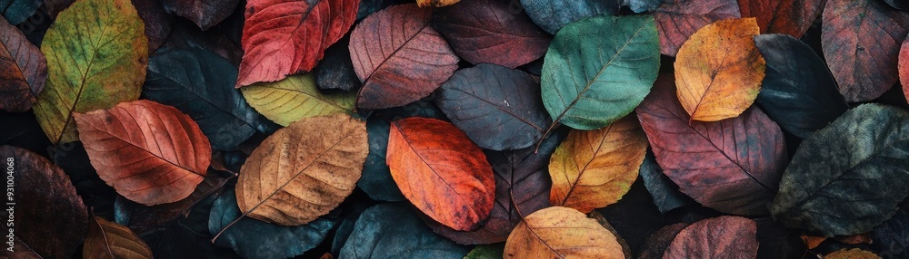 Poster A vibrant collection of autumn leaves in various colors, creating a captivating natural pattern on the ground.