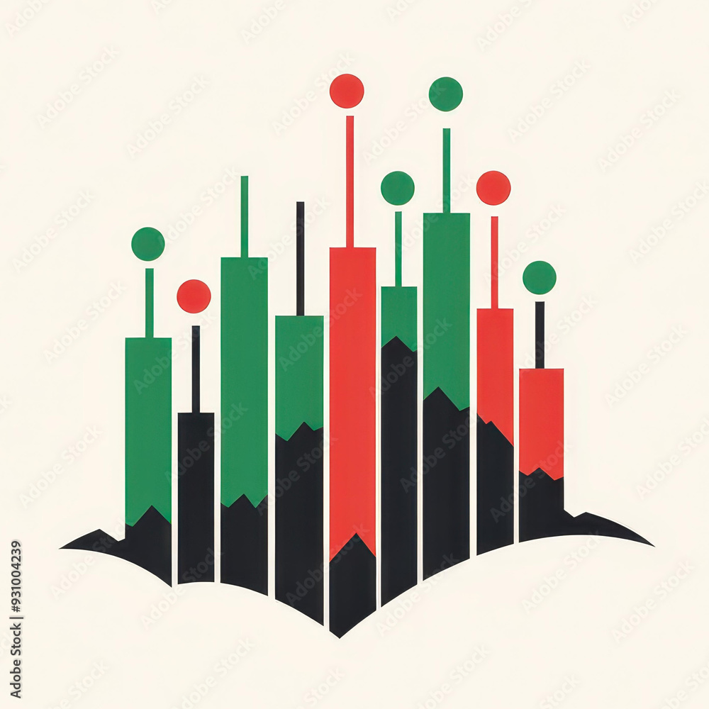 Poster clean and simple vector illustration of a candlestick stock market chart in green and red colors wit
