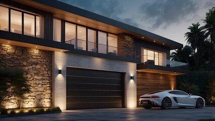 Modern luxury garage door design with classic look, dark and moody theme, elegant door design for car parking garage 