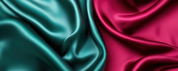 Obraz premium A captivating close-up of flowing satin fabric in vibrant teal and rich magenta, showcasing luxurious texture and elegance.