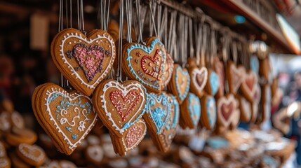 A colorful display of gingerbread heart cookies at an Oktoberfest market stall, each decorated with intricate icing patterns and messages, hanging on strings and ready to be bought as souvenirs, with