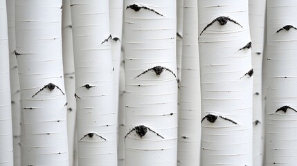 Silvery bark of quaking aspen, featuring dark eyes and linear scars, capturing the tree's unique texture and natural beauty