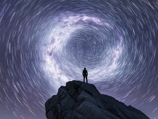A lone figure stands on a peak, surrounded by swirling stars and a mesmerizing night sky, showcasing the beauty of the cosmos.