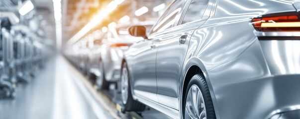 A modern silver car in an industrial manufacturing environment, showcasing advanced automotive technology and production processes.