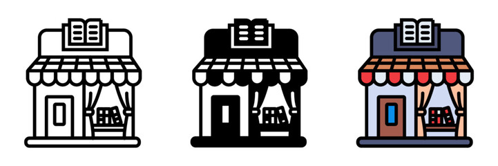 Bookstore Icon, A retail shop that sells books, often located on or near a campus, providing students with required academic materials.