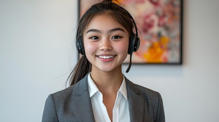 Professional customer service representative, with a bright smile on his face and wearing headphones. A super realistic studio portrait that highlights professionalism and approachability.