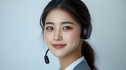 Professional customer service representative, with a bright smile on his face and wearing headphones. A super realistic studio portrait that highlights professionalism and approachability.