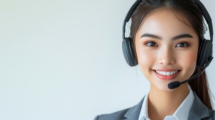 Professional customer service representative, with a bright smile on his face and wearing headphones. A super realistic studio portrait that highlights professionalism and approachability.