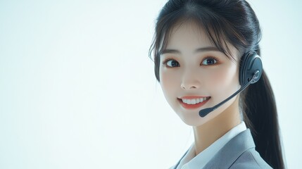 Professional customer service representative, with a bright smile on his face and wearing headphones. A super realistic studio portrait that highlights professionalism and approachability.