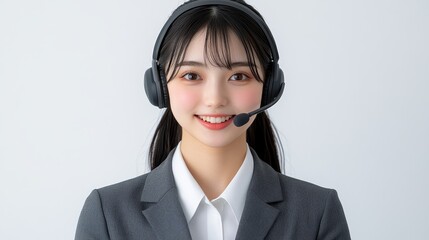 Professional customer service representative, with a bright smile on his face and wearing headphones. A super realistic studio portrait that highlights professionalism and approachability.