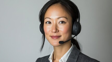 Professional customer service representative, with a bright smile on his face and wearing headphones. A super realistic studio portrait that highlights professionalism and approachability.