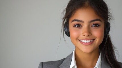 Professional customer service representative, with a bright smile on his face and wearing headphones. A super realistic studio portrait that highlights professionalism and approachability.