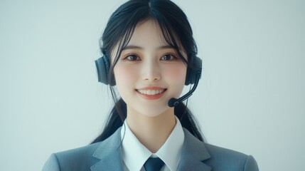Professional customer service representative, with a bright smile on his face and wearing headphones. A super realistic studio portrait that highlights professionalism and approachability.