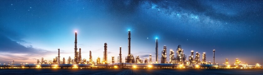 Obraz premium A panoramic view of an industrial skyline illuminated at night, showcasing modern architecture and vibrant city lights.