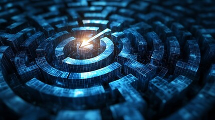 Abstract blue 3D digital maze with an arrow guiding the way through intricate paths.