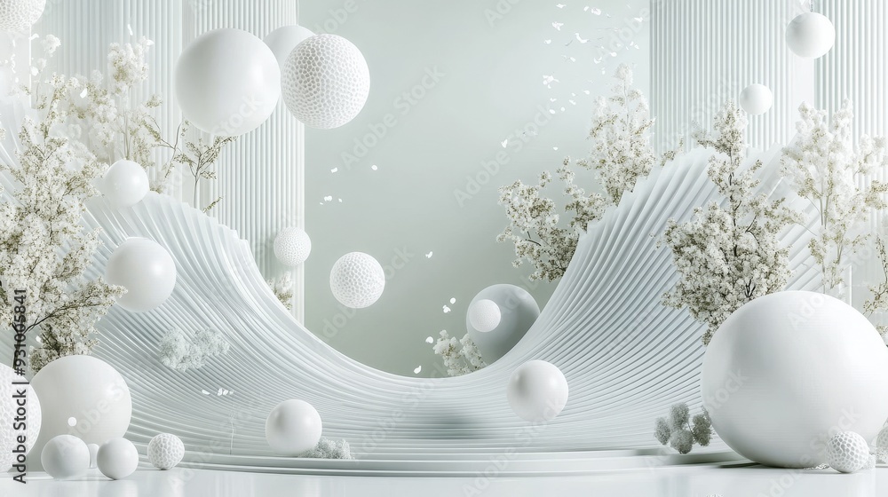 Aufkleber minimalist abstract composition with floating sphere and glass elements on a 3d green background, sh
