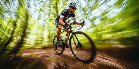 a cyclist racing through a forest trail, with the trees blurred in the background to emphasize motion