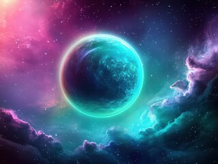 Obraz premium A stunning artistic representation of a vibrant planet amidst a colorful cosmic background filled with stars and nebulae.