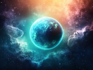 Obraz premium A stunning cosmic scene featuring a glowing planet surrounded by vibrant nebulae and shimmering stars in deep space.