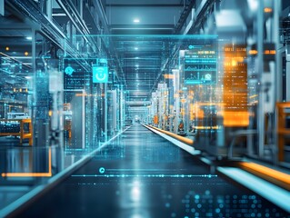 Advanced industrial IoT system with sensors monitoring machinery and equipment in a factory setting showcasing a digital data overlay interface for monitoring analysis