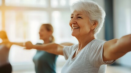 Fototapeta premium Seniors Participating in Light Exercise Class in Bright Room Promoting Health and Wellness for an Active Aging Lifestyle