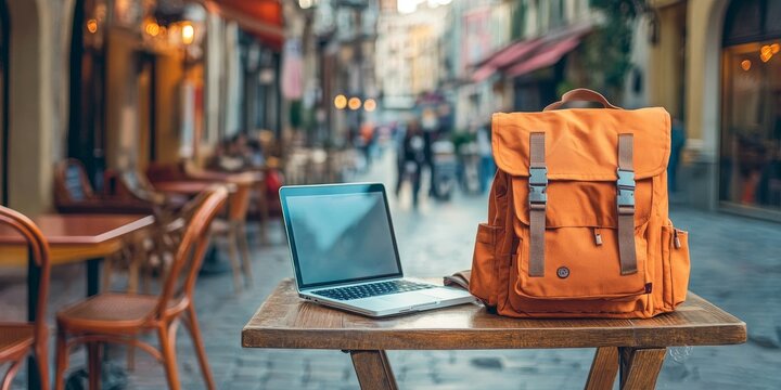 The texture of a travel backpack beside a laptop on a cafe table, with a vibrant city street in the background